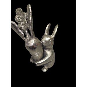 Silver toned Rabbit Hugging Carrot Figurine 6" Easter Bunny